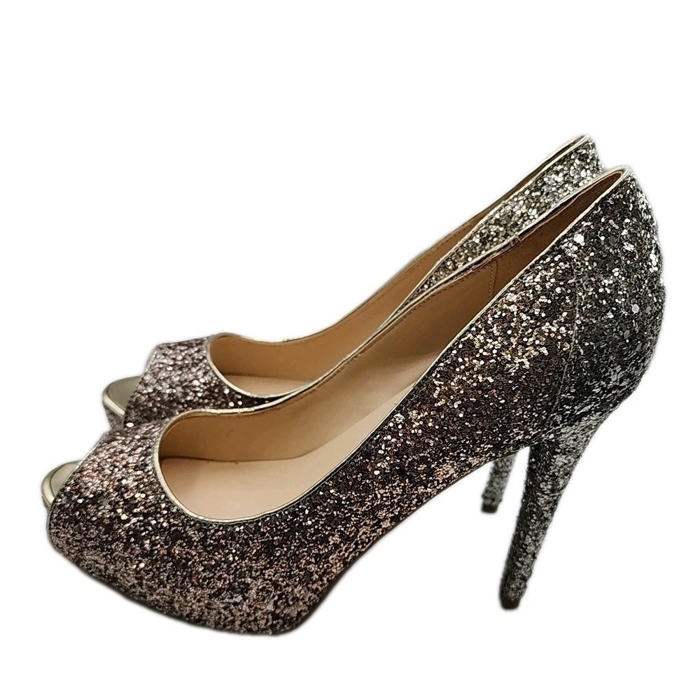 Marc Fisher Harpyly Shoe Silver Glitter Ombre Peep Toe Platform Stiletto 8.5M